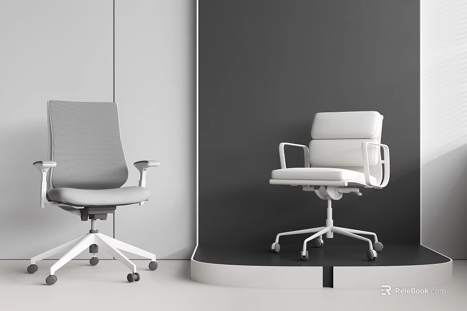 Two Modern Office Chairs With Mesh And Padded Backs Armrests And Wheels In Minimalist Setting 3d model 