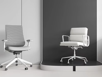 Two Modern Office Chairs With Mesh And Padded Backs Armrests And Wheels In Minimalist Setting 3d model