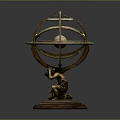 Brass Armillary Sphere Decorative Ornament With Intricate Ring Structure and Carved Base