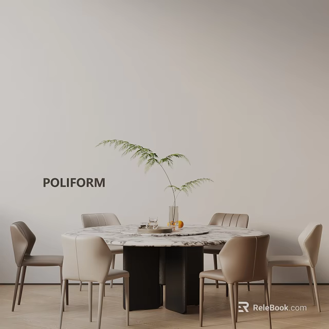 Modern Dining Table Set With Round Marble Top Light Colored Chairs And Potted Fern Plant 3d model 
