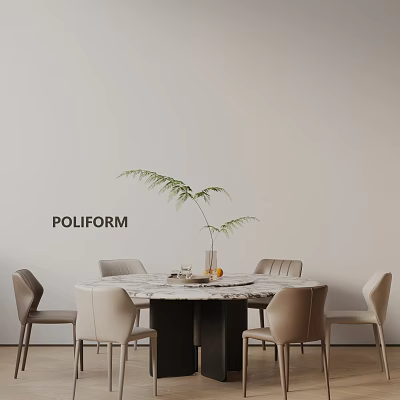 Modern Dining Table Set With Round Marble Top Light Colored Chairs And Potted Fern Plant 3d model