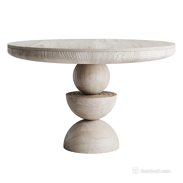 Minimalist Wooden Round Dining Table With Stacked Spherical Base And Wood Grain 3d model 