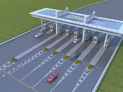 Highway Toll Station With Multiple Traffic Lanes And Moving Cars Under Canopy 3d model