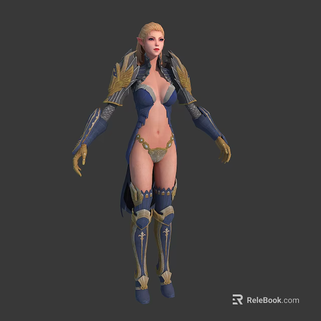 3D Model Of Female Character With Blue And Gold Decorative Armor And Long Hair Design 3d model 