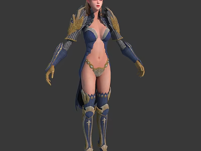 3D Model Of Female Character With Blue And Gold Decorative Armor And Long Hair Design 3d model