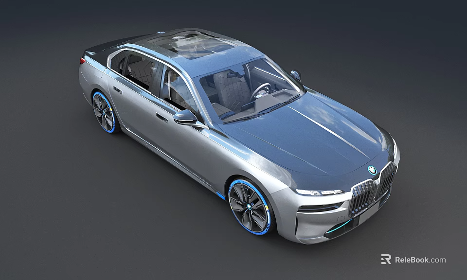 Sleek Silver Luxury Sedan With Blue Accents Kidney Grille LED Headlights And Modern Design 3d model 