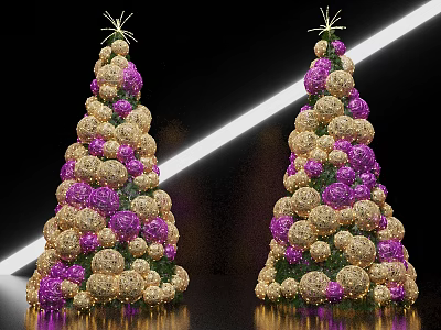 Decorative Ornament Arrangement with Two Trees Gold Purple Balls and Star Toppers 3d model