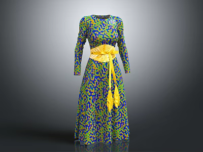 Long Sleeved Colorful Pattern Dress With Yellow Belt And Tassels Details 3d model