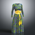 Long Sleeved Colorful Pattern Dress With Yellow Belt And Tassels Details