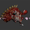 Elegant Female Character In Red White Traditional Costume With Pink Petals Floating And Staff