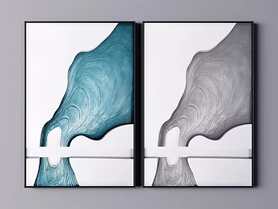 Modern Abstract Wall Art Two Panel Teal And Gray Wave Design Decor 3d model