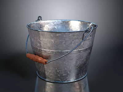 Galvanized Metal Bucket With Wooden Grip Handle For Daily Household Use 3d model