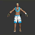 Shirtless 3D Character Model With Blonde Hair Blue Flower Lei Black Gloves And Yellow Sandals