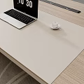 Modern Wooden Office Desk With Ergonomic Chair Laptop And Bookshelf View
