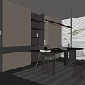 Modern Study Room Interior With Cabinets Bookshelves Long Desk Window Blinds And Potted Plant
