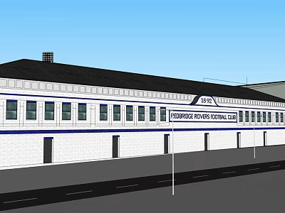 Exterior View Of Fredericktown Area Recreation Center White Building With Blue Accent Stripes Dark Roof And Windows 3d model