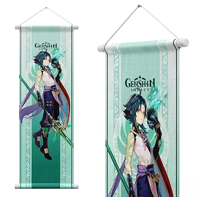 Genshin Impact Decorative Hanging Scroll Wall Decor with Anime Character Green White Design 3d model