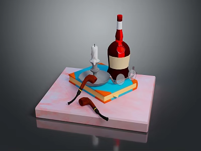 Decorative Tray Setup With Red Cap Bottle Candle Brown Pipes And Colorful Books 3d model