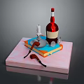 Decorative Tray Setup With Red Cap Bottle Candle Brown Pipes And Colorful Books