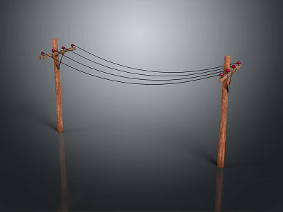 Wooden Decorative Poles With Wires And Red Insulators As Home Furniture Elements 3d model