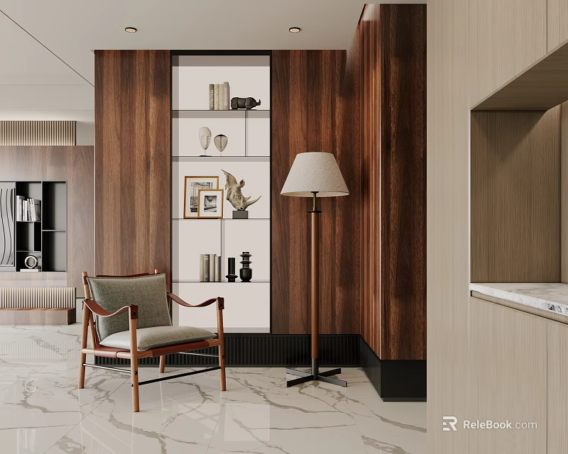 Modern Luxury Foyer Hallway Design With Wooden Panel Walls Decorative Shelves And Accent Chair 3d model 