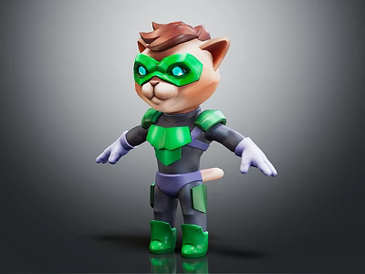 Cute Superhero Cat Character in Green Purple Costume with Mask 3d model