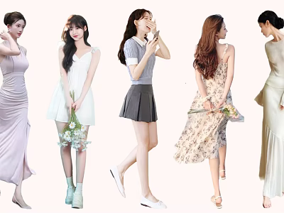 Group of Women in Various Fashion Styles Holding Flowers with Different Poses 3d model