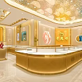 Luxurious Gold toned Jewelry Store Interior With Counters Chandeliers And Pink Rose Decoration