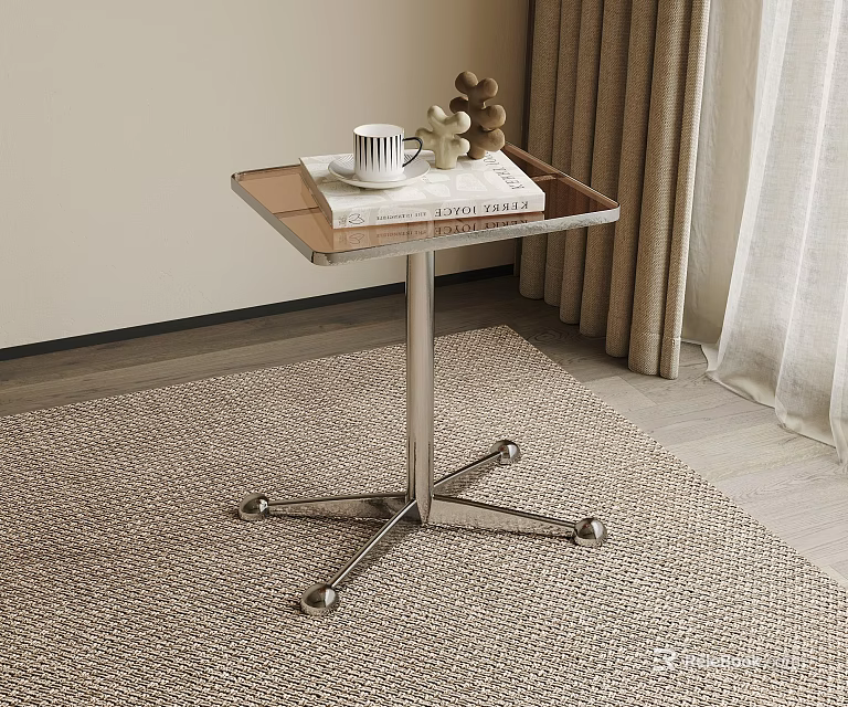 Modern Side Table With Metal Frame Glass Top And Decorative Items On Wheels 3d model 