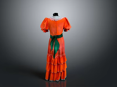 Vibrant Orange Dress with Short Sleeves Green Belt and Layered Ruffled Skirt 3d model