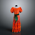 Vibrant Orange Dress with Short Sleeves Green Belt and Layered Ruffled Skirt
