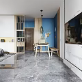Modern Living and Dining Room Interior Design With Sofa Coffee Table Dining Table and Marble Flooring