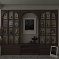 Wooden Bookcase With Arched Design Central Decorative Artwork Filled With Books Decorations and Bottom Drawers
