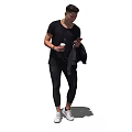 Man Holding Coffee Cup And Smartphone Wearing Black T-Shirt Pants With Jacket And White Sneakers