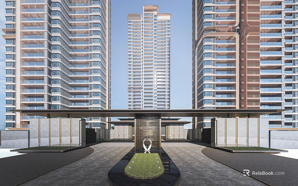 Modern Entrance Gate In Residential Complex With Sculpture And Lawn 3d model 