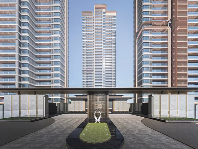 Modern Entrance Gate In Residential Complex With Sculpture And Lawn 3d model