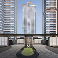 Modern Entrance Gate In Residential Complex With Sculpture And Lawn