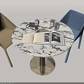Modern Round Marble Top Table and Chair Set with Brown Blue Velvet Chairs