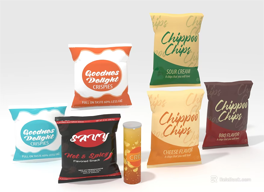 Various Flavored Snacks Including Chips And Savory Hot Spicy Options 3d model 