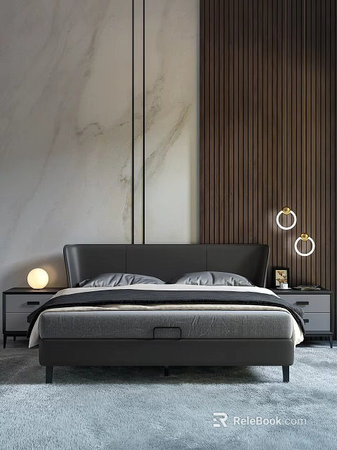 Modern Double Bed with Black Leather Headboard Marble Wooden Wall and Nightstand Lamps 3d model 
