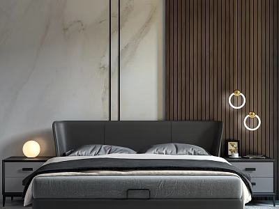 Modern Double Bed with Black Leather Headboard Marble Wooden Wall and Nightstand Lamps 3d model