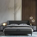 Modern Double Bed with Black Leather Headboard Marble Wooden Wall and Nightstand Lamps