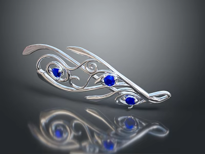 Elegant Silver Brooch Featuring Blue Gemstones And Intricate Curved Floral Design 3d model