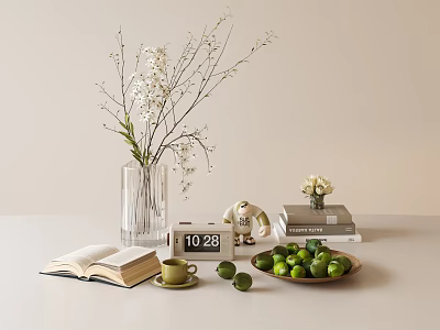 Decorative Ornament Set with Vase Flower Branches Calendar Bear Figurine Books and Limes 3d model