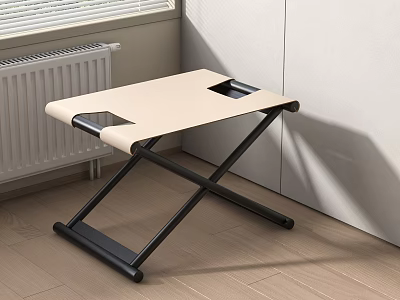 Indoor Foldable Stool With Beige Surface And Black Metal Frame In Room Corner 3d model