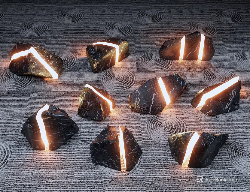 Natural Black Decorative Stones With Glowing Lines On Gray Wavy Floor 3d model 