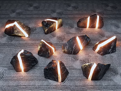 Natural Black Decorative Stones With Glowing Lines On Gray Wavy Floor 3d model