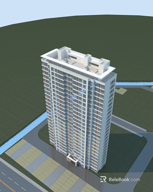 Modern High-rise Residential Building With Multiple Glass Windows And Surrounding Road Waterway 3d model 