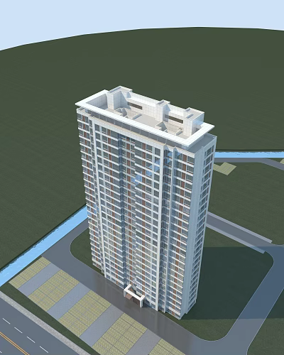 Modern High-rise Residential Building With Multiple Glass Windows And Surrounding Road Waterway 3d model