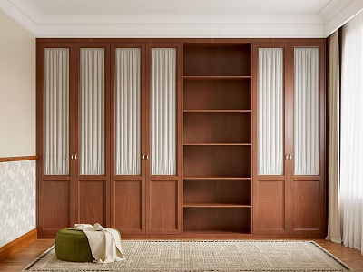 Modern Walnut Wood Built in Wardrobe With Open Shelves And Door Panels 3d model